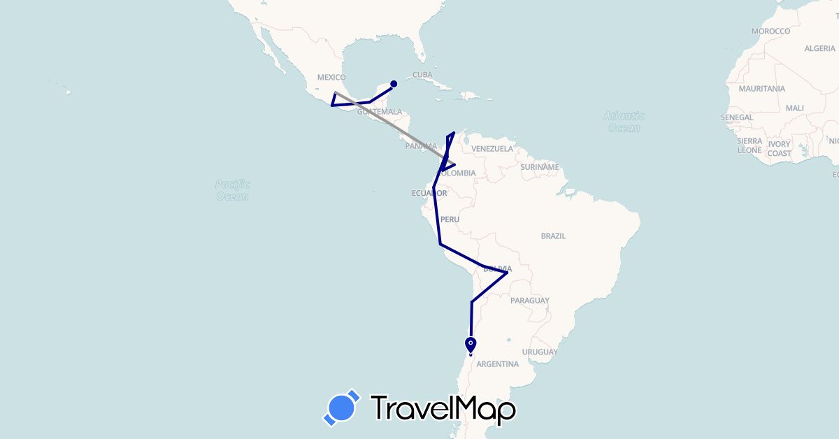TravelMap itinerary: driving, plane in Bolivia, Chile, Colombia, Ecuador, Mexico, Peru (North America, South America)